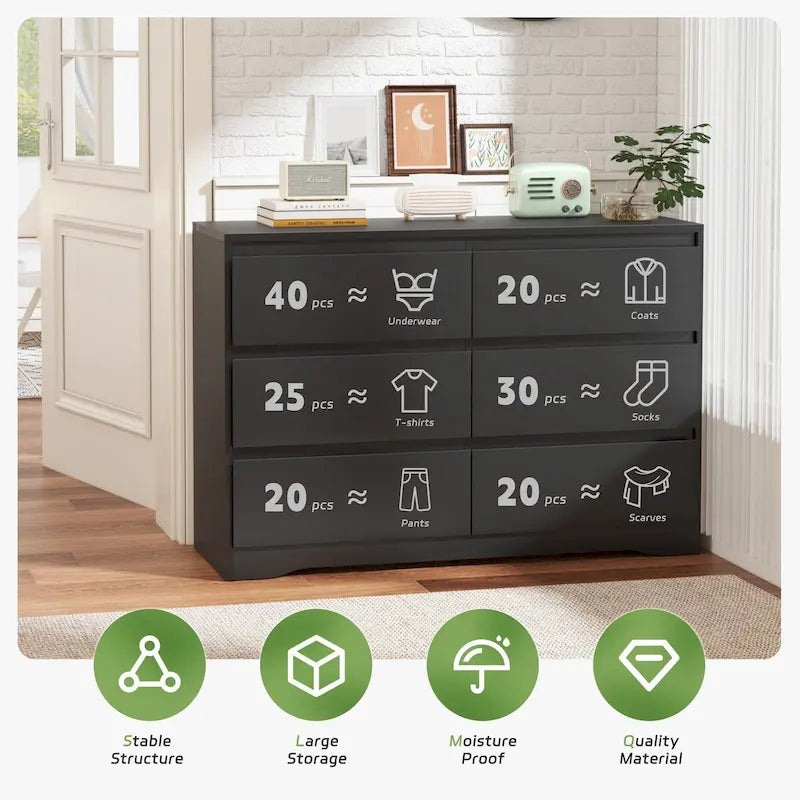 47.2 W 6-Drawer Wooden Bedroom Double Dresser Chest of Drawers