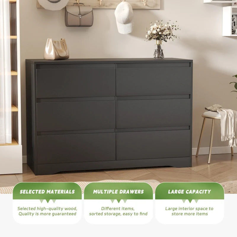47.2 W 6-Drawer Wooden Bedroom Double Dresser Chest of Drawers
