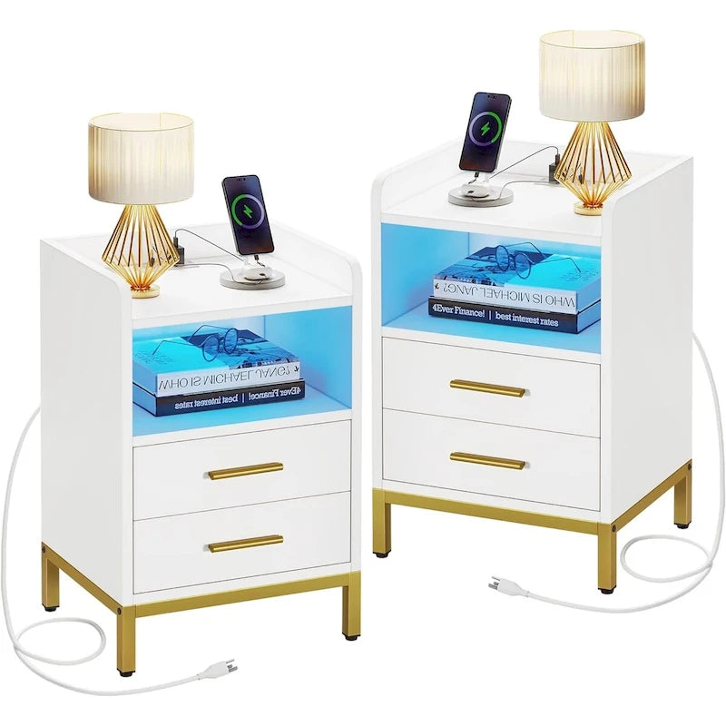 Moasis Modern LED Nightstand Set of 2 with Drawer and Storage Shelf, Bedside Table with Charging Station