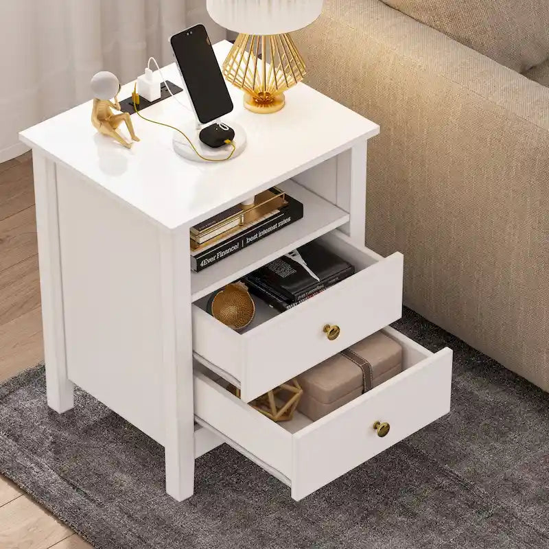Moasis Modern LED Nightstand Set of 2 with Drawer and Storage Shelf, Bedside Table with Charging Station
