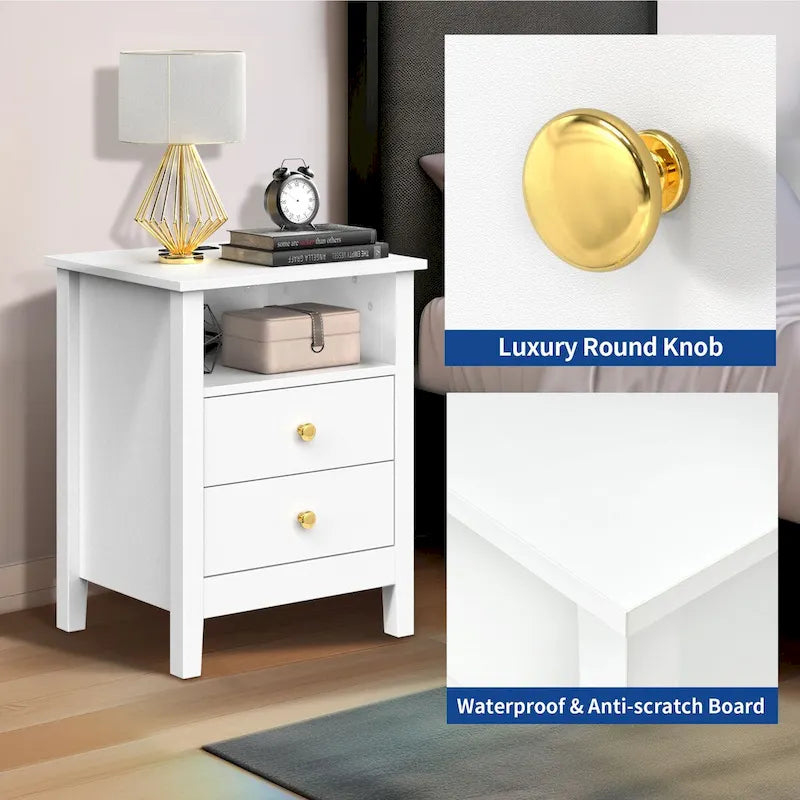 Moasis Modern LED Nightstand Set of 2 with Drawer and Storage Shelf, Bedside Table with Charging Station