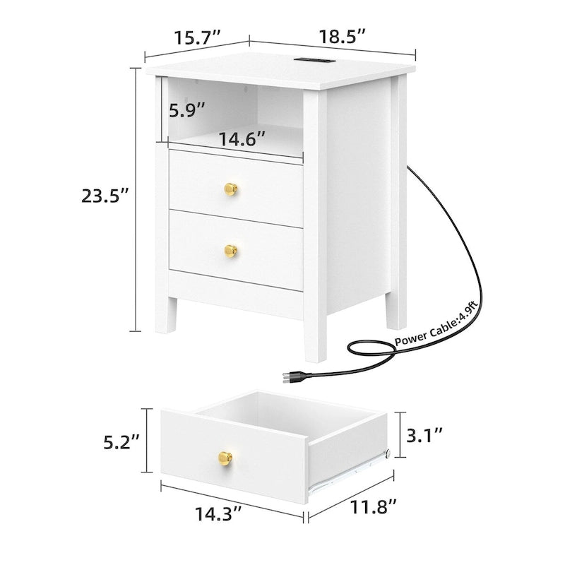 Moasis Modern LED Nightstand Set of 2 with Drawer and Storage Shelf, Bedside Table with Charging Station