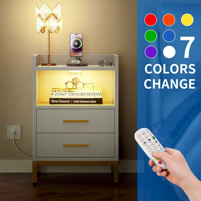 Moasis Modern LED Nightstand Set of 2 with Drawer and Storage Shelf, Bedside Table with Charging Station