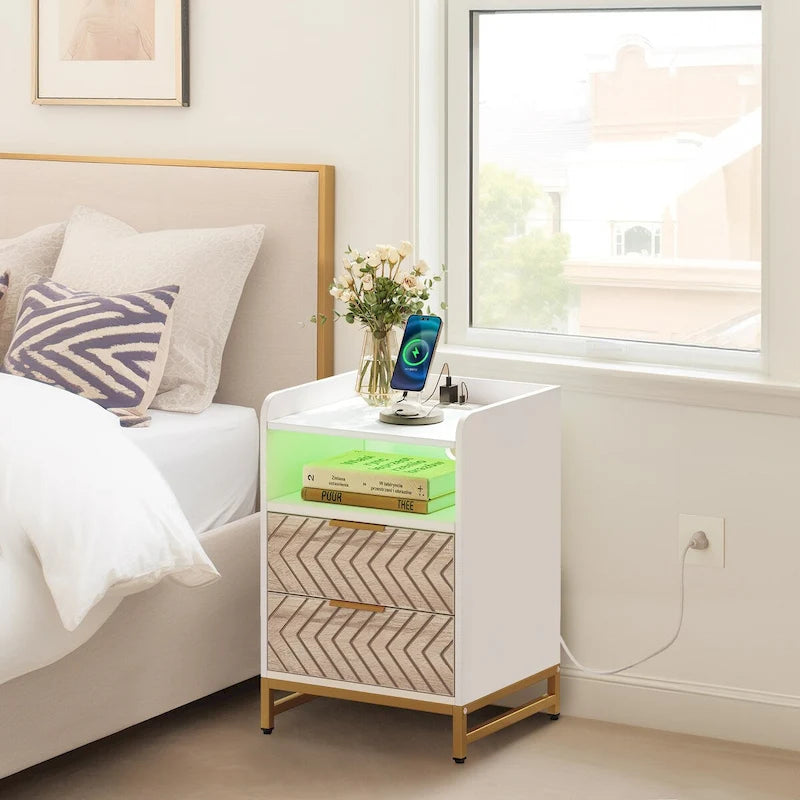 Moasis Modern LED Nightstand Set of 2 with Drawer and Storage Shelf, Bedside Table with Charging Station