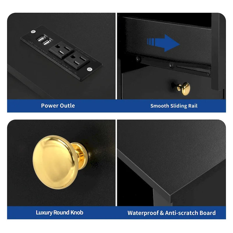 Moasis Modern LED Nightstand Set of 2 with Drawer and Storage Shelf, Bedside Table with Charging Station