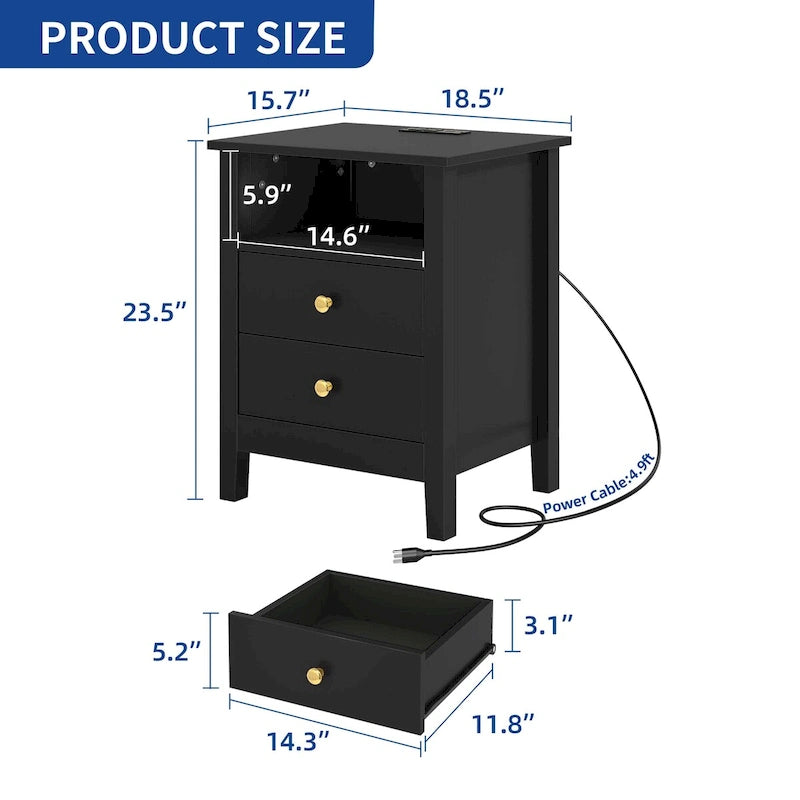Moasis Modern LED Nightstand Set of 2 with Drawer and Storage Shelf, Bedside Table with Charging Station