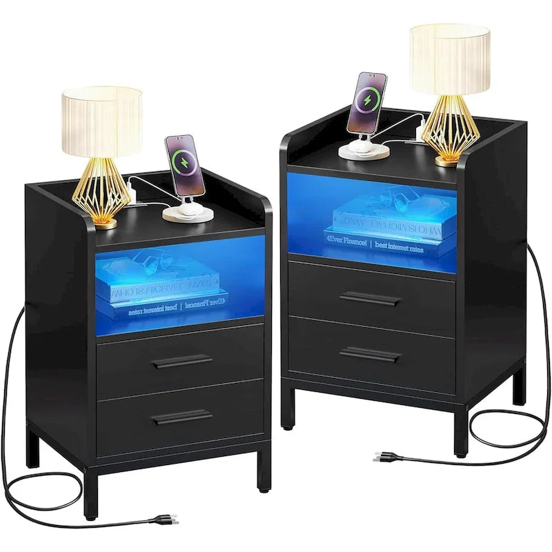 Moasis Modern LED Nightstand Set of 2 with Drawer and Storage Shelf, Bedside Table with Charging Station