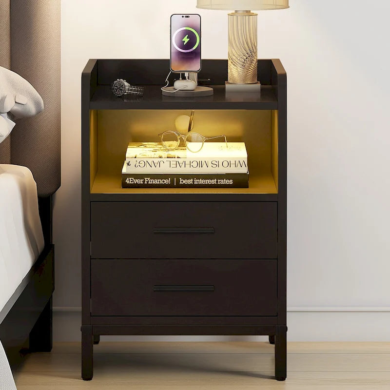 Moasis Modern LED Nightstand Set of 2 with Drawer and Storage Shelf, Bedside Table with Charging Station