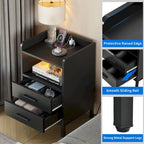 Moasis Modern LED Nightstand Set of 2 with Drawer and Storage Shelf, Bedside Table with Charging Station