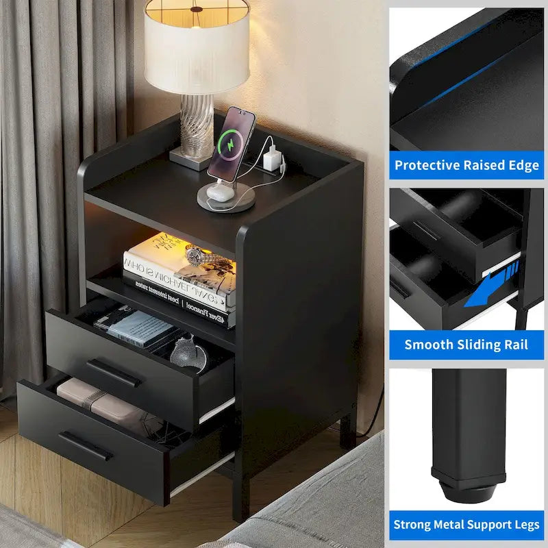 Moasis Modern LED Nightstand Set of 2 with Drawer and Storage Shelf, Bedside Table with Charging Station