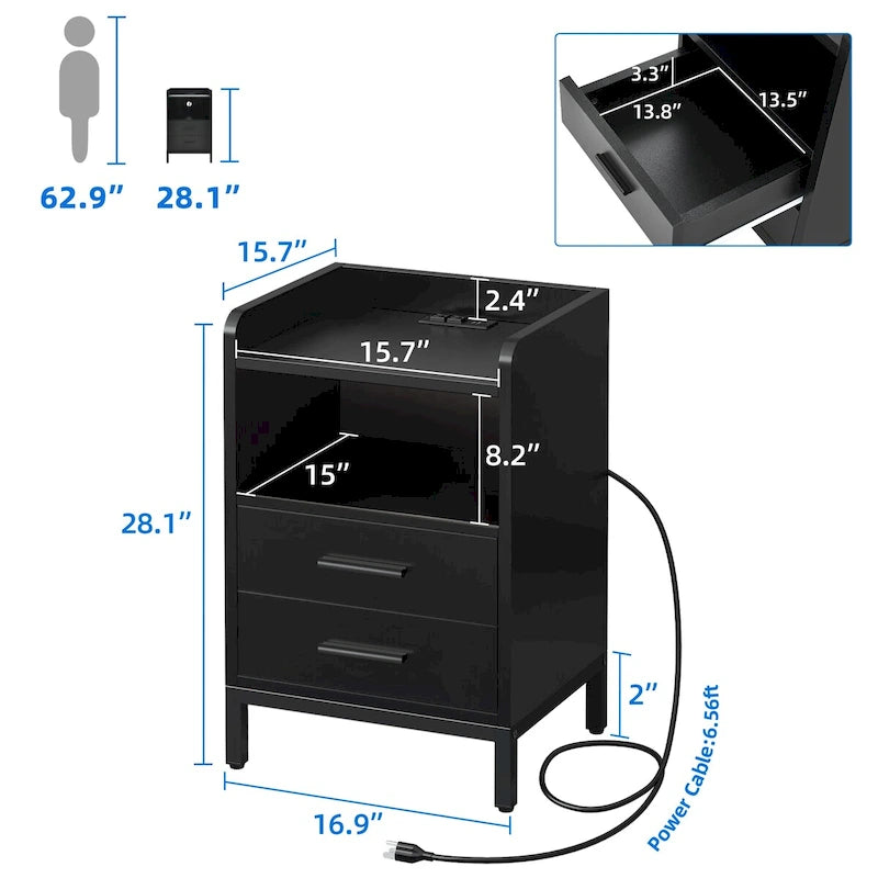 Moasis Modern LED Nightstand Set of 2 with Drawer and Storage Shelf, Bedside Table with Charging Station