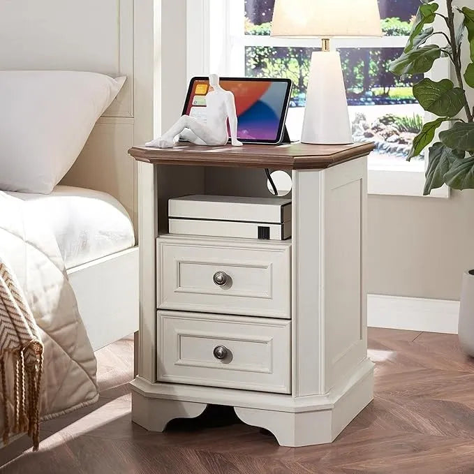 18 Farmhouse Nightstand with Charging Station, End Table,Side Table