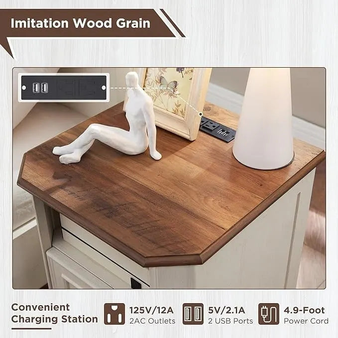 18 Farmhouse Nightstand with Charging Station, End Table,Side Table