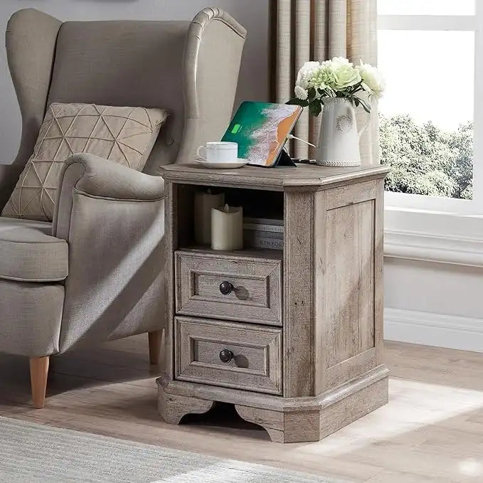 18 Farmhouse Nightstand with Charging Station, End Table,Side Table