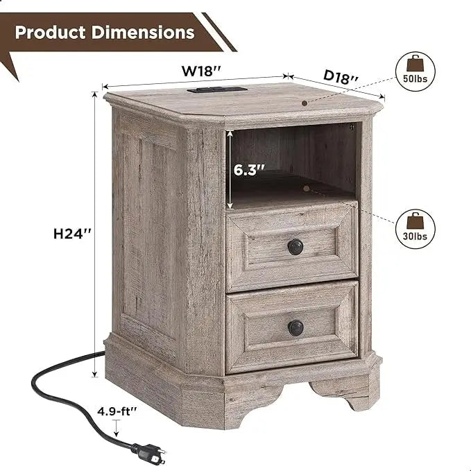 18 Farmhouse Nightstand with Charging Station, End Table,Side Table