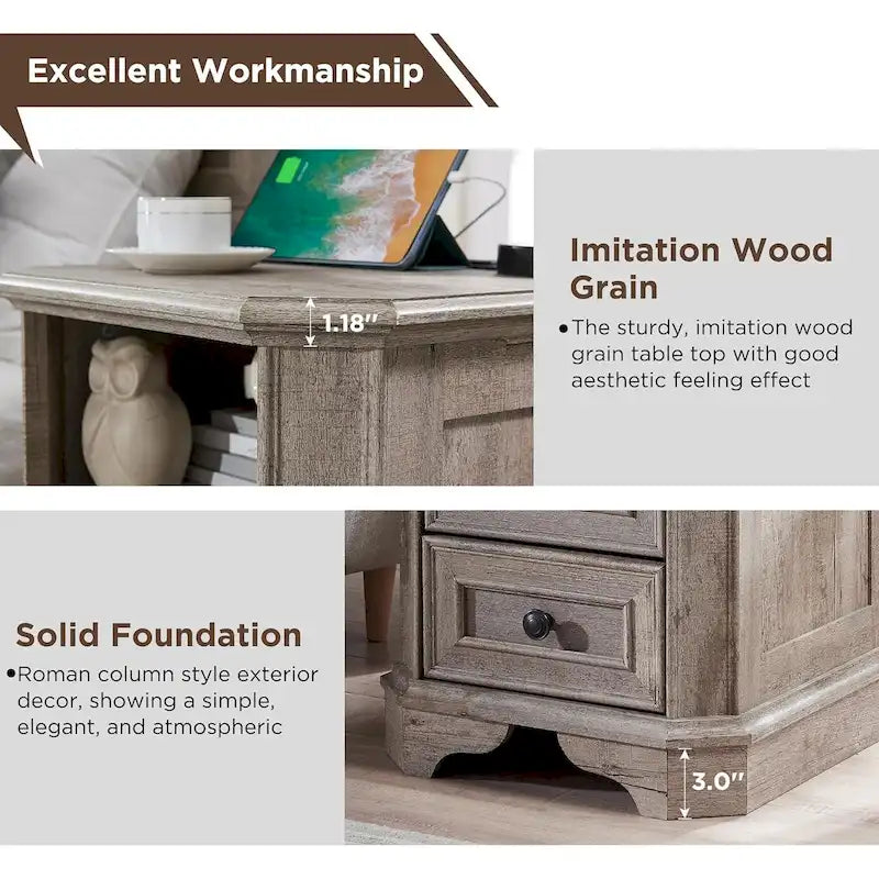 18 Farmhouse Nightstand with Charging Station, End Table,Side Table