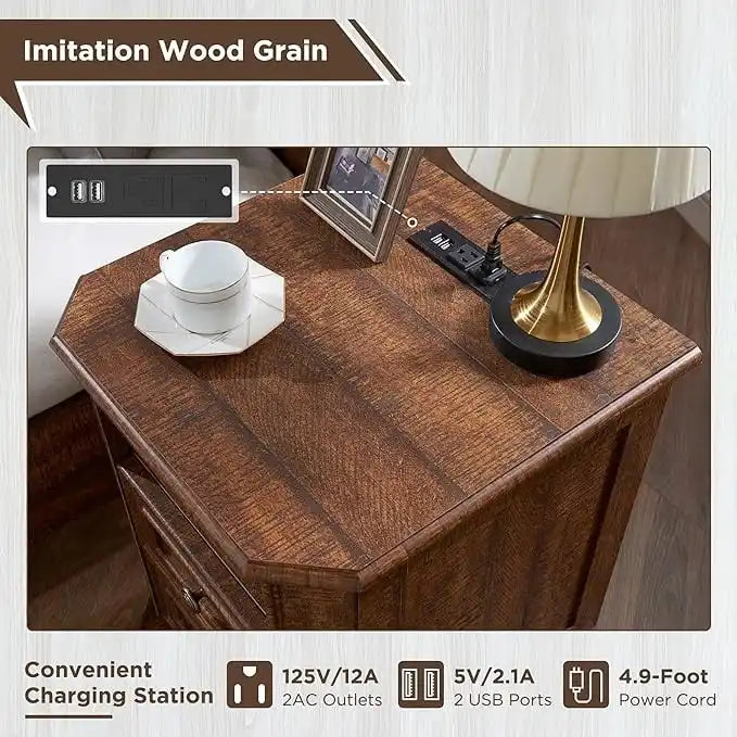 18 Farmhouse Nightstand with Charging Station, End Table,Side Table