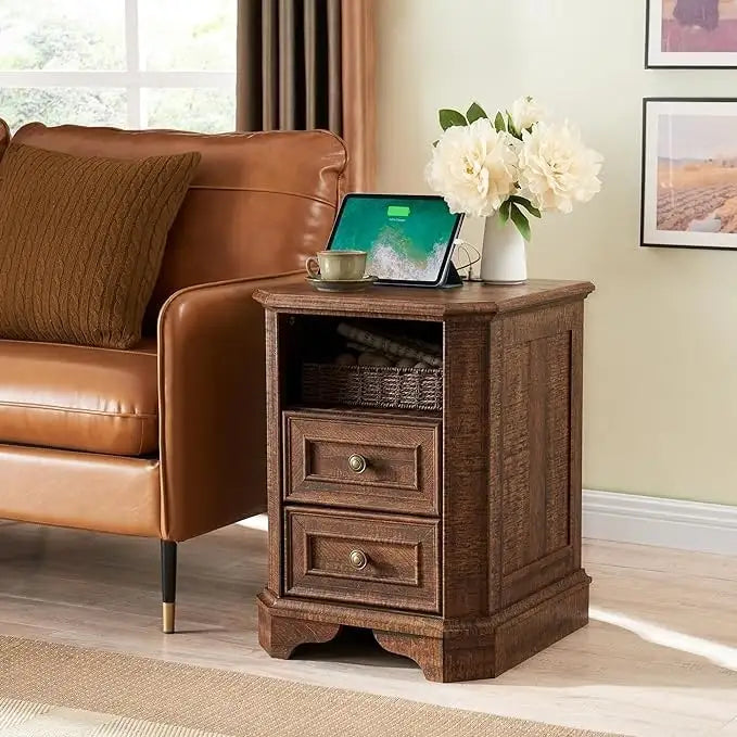 18 Farmhouse Nightstand with Charging Station, End Table,Side Table