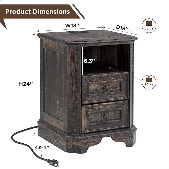 18 Farmhouse Nightstand with Charging Station, End Table,Side Table