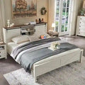 Farmhouse Queen Size Bed Frame with Storage Shelves & Charging Station