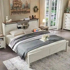 Farmhouse Queen Size Bed Frame with Storage Shelves & Charging Station