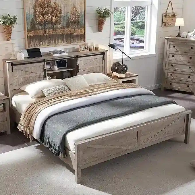 Farmhouse Queen Size Bed Frame with Storage Shelves & Charging Station