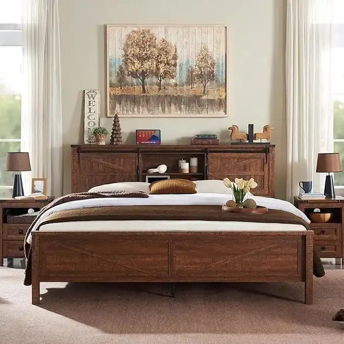 Farmhouse Queen Size Bed Frame with Storage Shelves & Charging Station