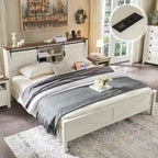 Farmhouse Queen Size Bed Frame with Storage Shelves & Charging Station
