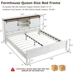 Farmhouse Queen Size Bed Frame with Storage Shelves & Charging Station
