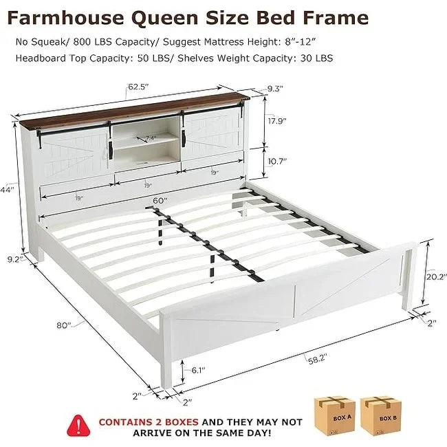 Farmhouse Queen Size Bed Frame with Storage Shelves & Charging Station