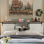Farmhouse Queen Size Bed Frame with Storage Shelves & Charging Station