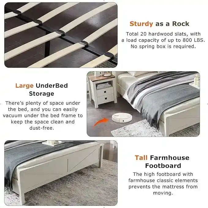 Farmhouse Queen Size Bed Frame with Storage Shelves & Charging Station