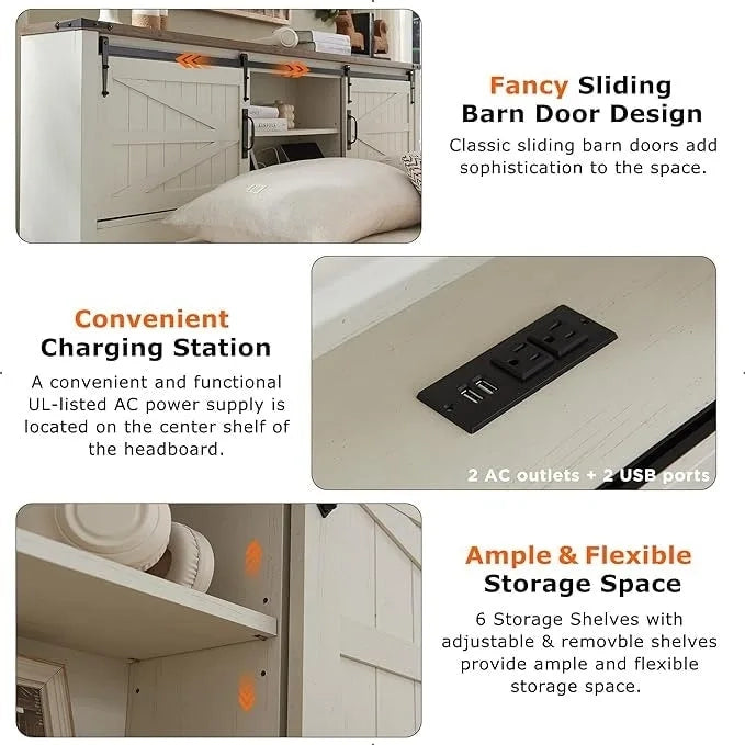 Farmhouse Queen Size Bed Frame with Storage Shelves & Charging Station