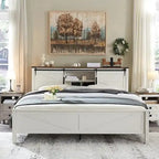 Farmhouse Queen Size Bed Frame with Storage Shelves & Charging Station