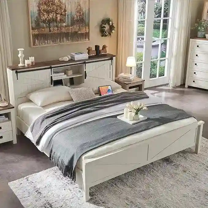 Farmhouse Queen Size Bed Frame with Storage Shelves & Charging Station
