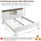 Farmhouse Queen Size Bed Frame with Storage Shelves & Charging Station