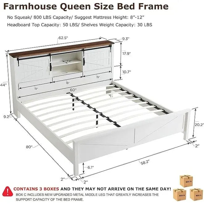 Farmhouse Queen Size Bed Frame with Storage Shelves & Charging Station