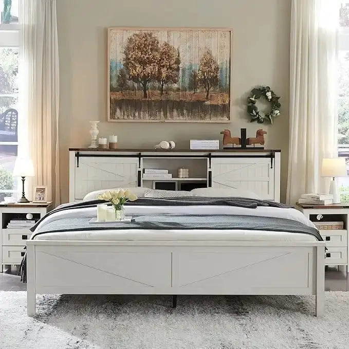 Farmhouse Queen Size Bed Frame with Storage Shelves & Charging Station