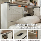 Farmhouse Queen Size Bed Frame with Storage Shelves & Charging Station