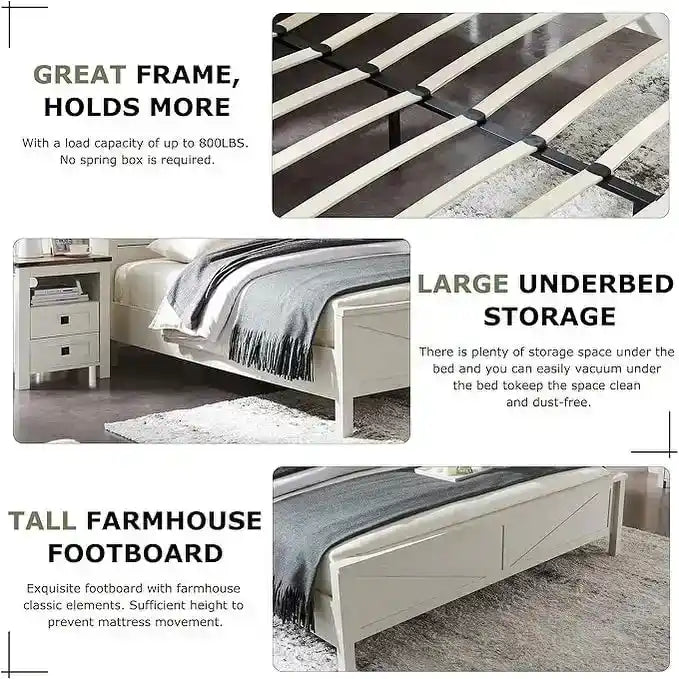 Farmhouse Queen Size Bed Frame with Storage Shelves & Charging Station