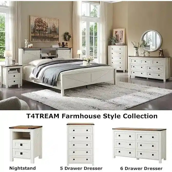 Farmhouse Queen Size Bed Frame with Storage Shelves & Charging Station