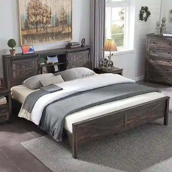 Farmhouse Queen Size Bed Frame with Storage Shelves & Charging Station
