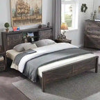 Farmhouse Queen Size Bed Frame with Storage Shelves & Charging Station