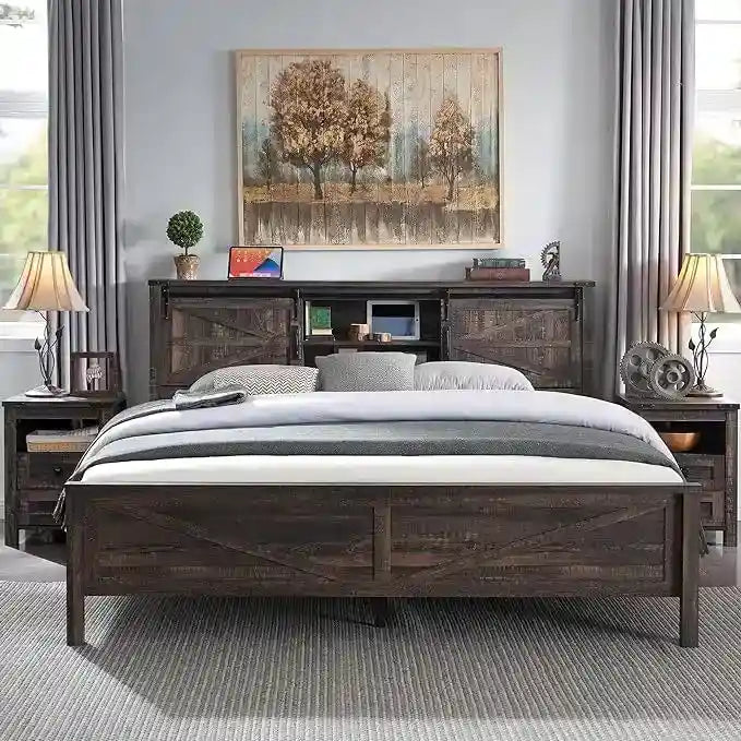 Farmhouse Queen Size Bed Frame with Storage Shelves & Charging Station