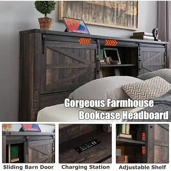 Farmhouse Queen Size Bed Frame with Storage Shelves & Charging Station