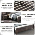 Farmhouse Queen Size Bed Frame with Storage Shelves & Charging Station