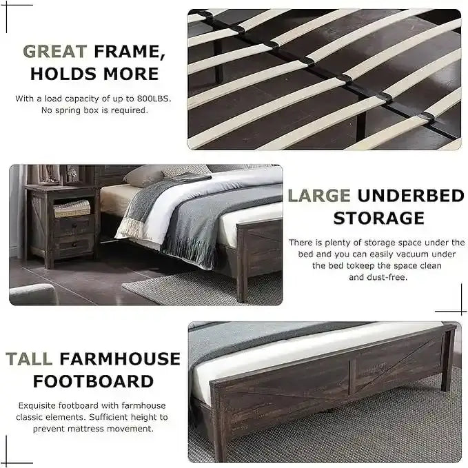 Farmhouse Queen Size Bed Frame with Storage Shelves & Charging Station