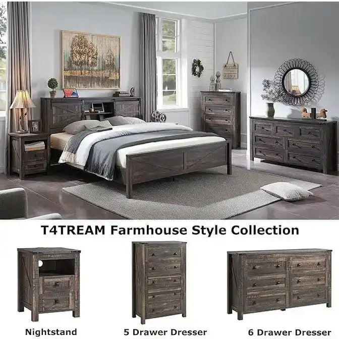 Farmhouse Queen Size Bed Frame with Storage Shelves & Charging Station