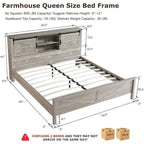 Farmhouse Queen Size Bed Frame with Storage Shelves & Charging Station