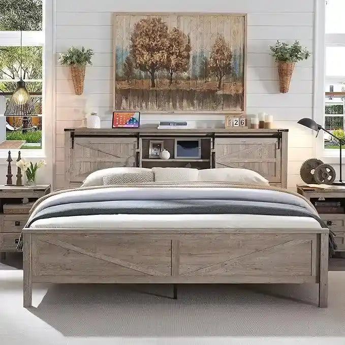 Farmhouse Queen Size Bed Frame with Storage Shelves & Charging Station